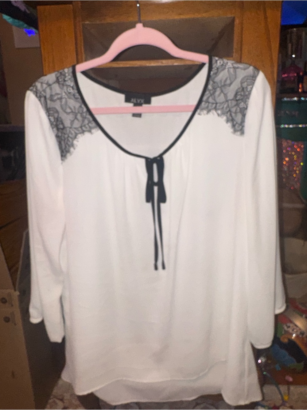 White Blouse with Black Lace Trim XL